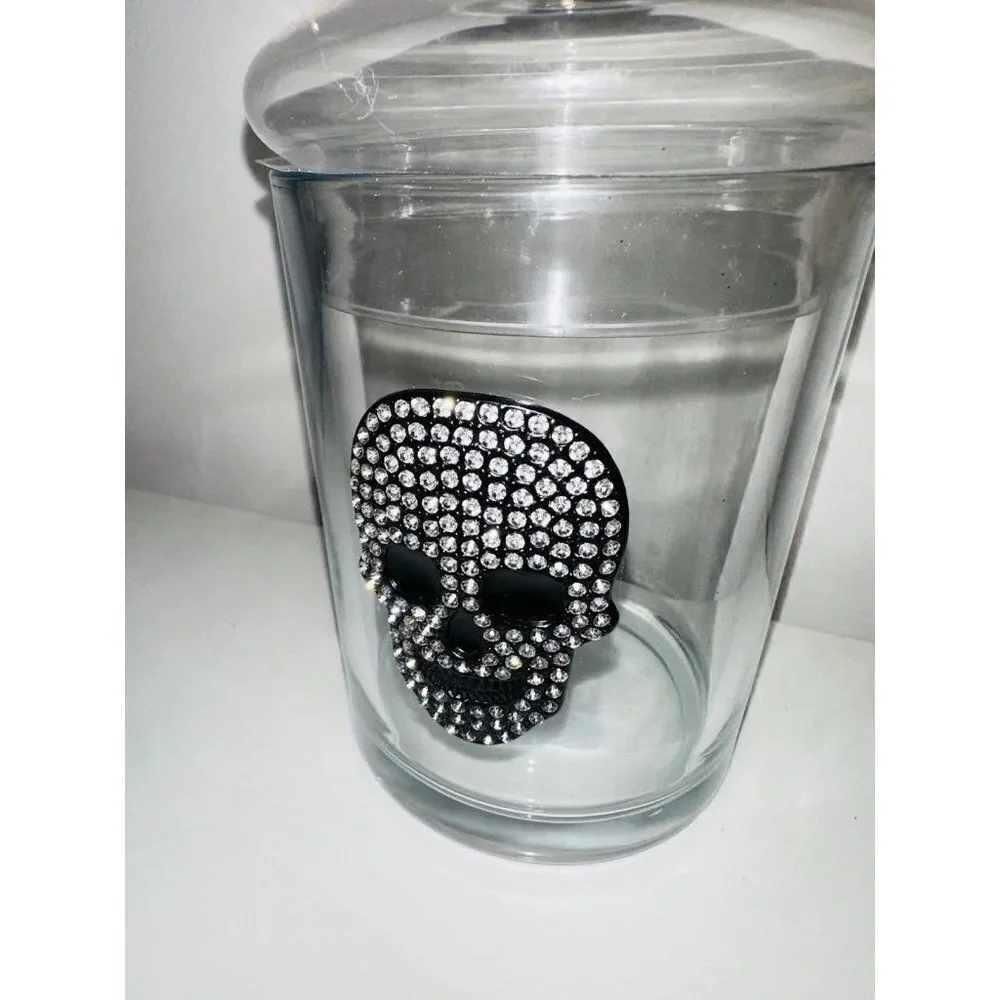 BX1 Rhinestone Glass Skull Candy Canister Halloween Decor Makeup Holder New Clea
